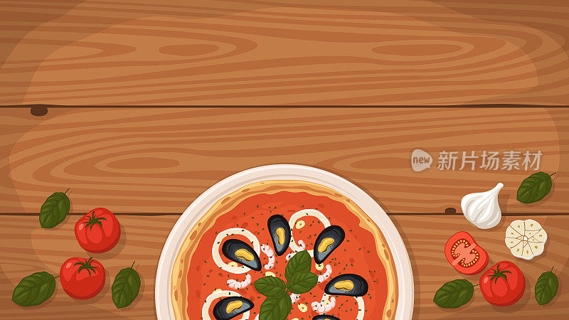 意大利风格的披萨Frutti di Mare在一个盘子。